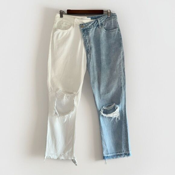 Vervet High Rise Cross Over Two Toned Jeans Rigid Denim Fray Hem Crop Flare 28 - Picture 4 of 16
